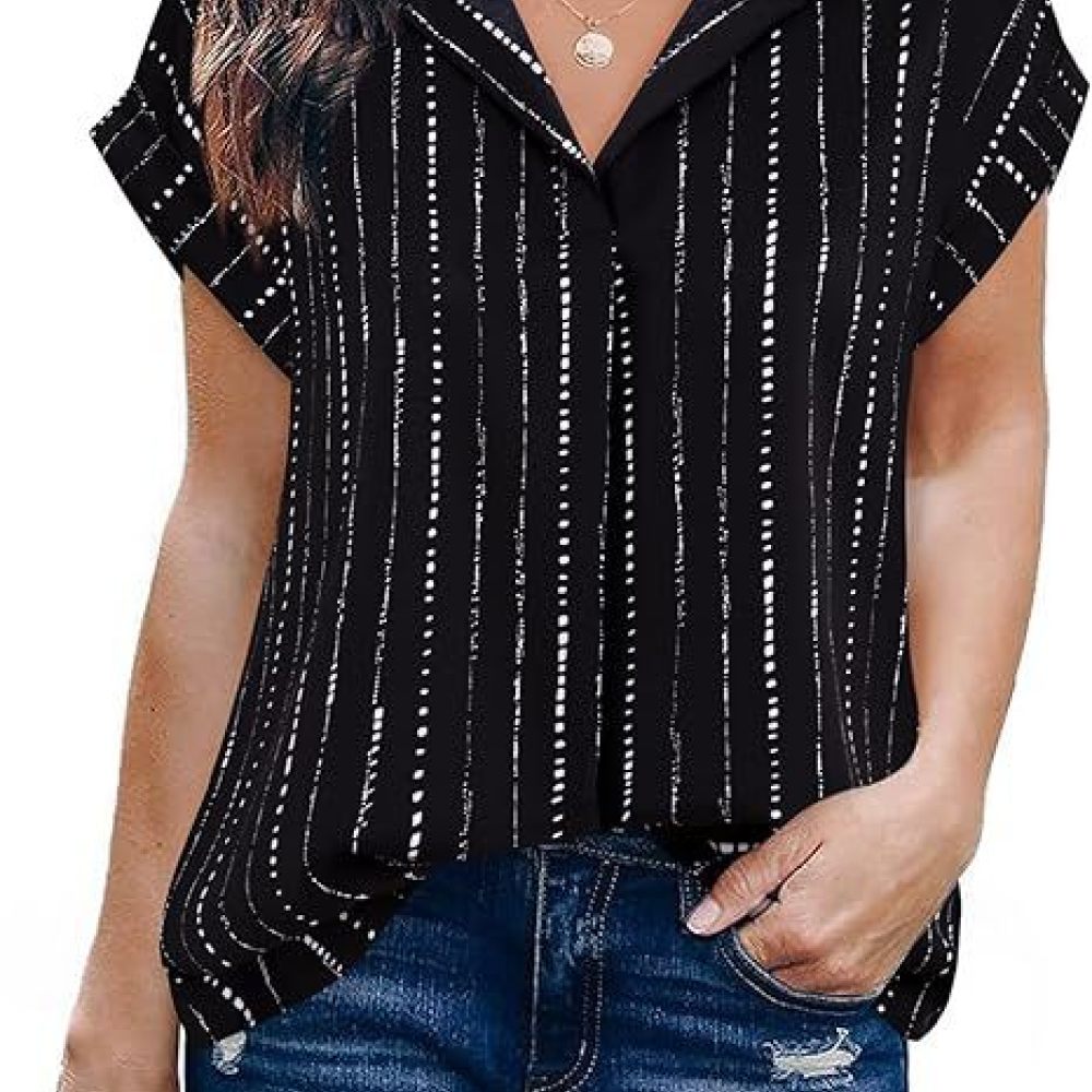 Summer Clothing Essentials Women - قميص نسائي كاجوال مخطط بياقة مطوية،