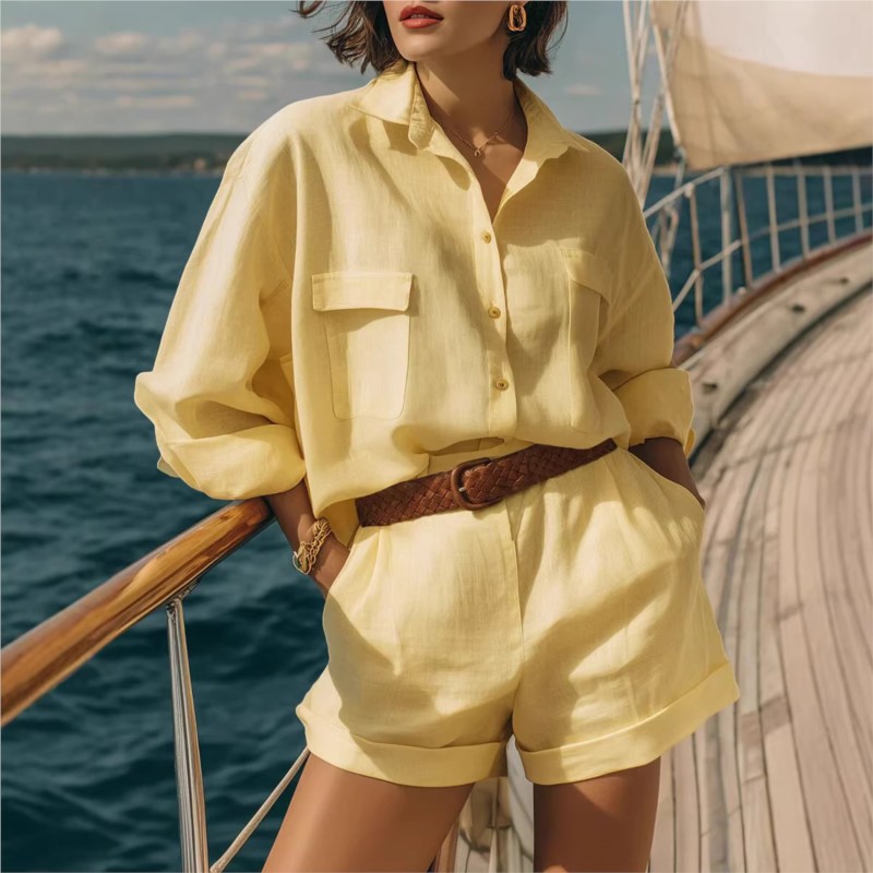 Summer Linen Clothing For Women - طقم نسائي من قطعتين باللون الأزرق