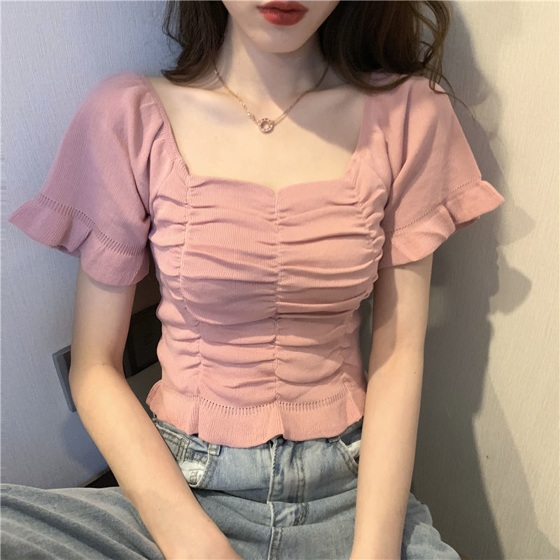 Summer Youth Clothing - بلوزة نسائية محبوكة أنيقة بكشكشة، بلوزة