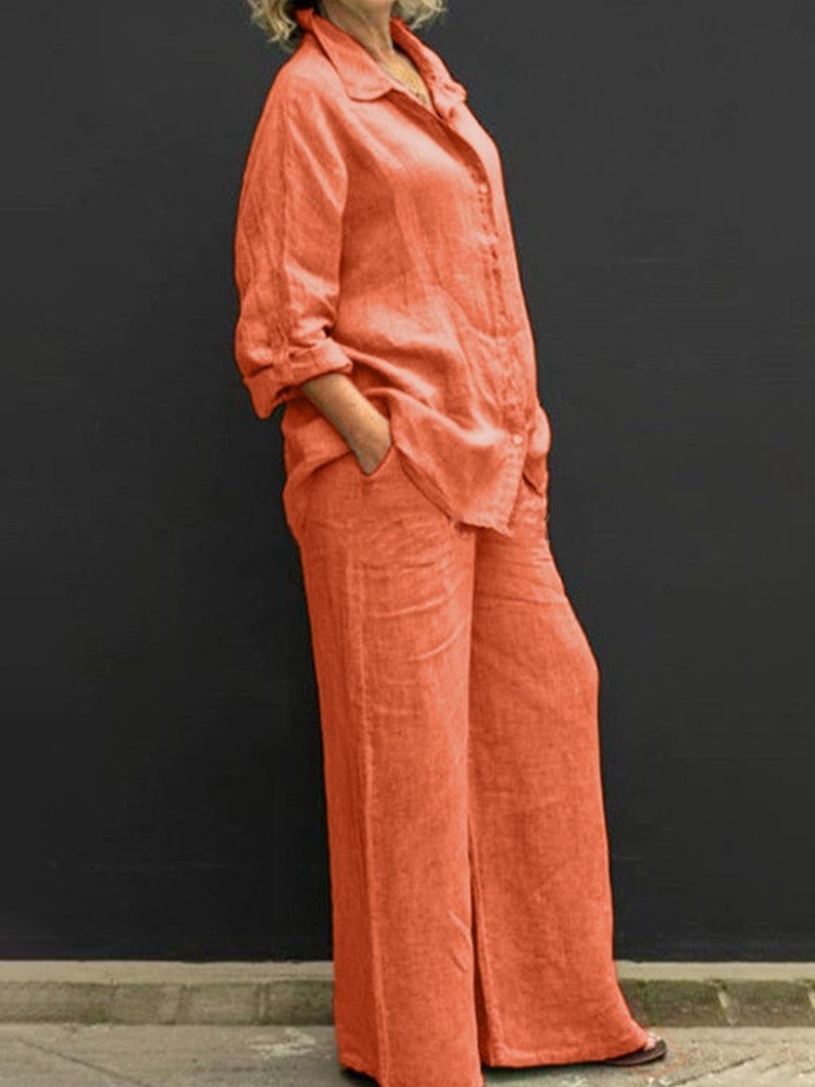 Summer Linen Clothing For Women - طقم من قطعتين بأكمام طويلة أحادية